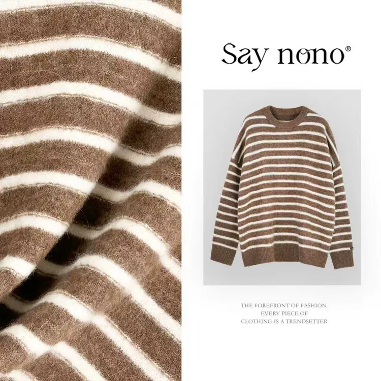 懒猫nono│Saynono 时尚慵懒风圆领条纹羊驼毛针织上衣GZ86776SY
