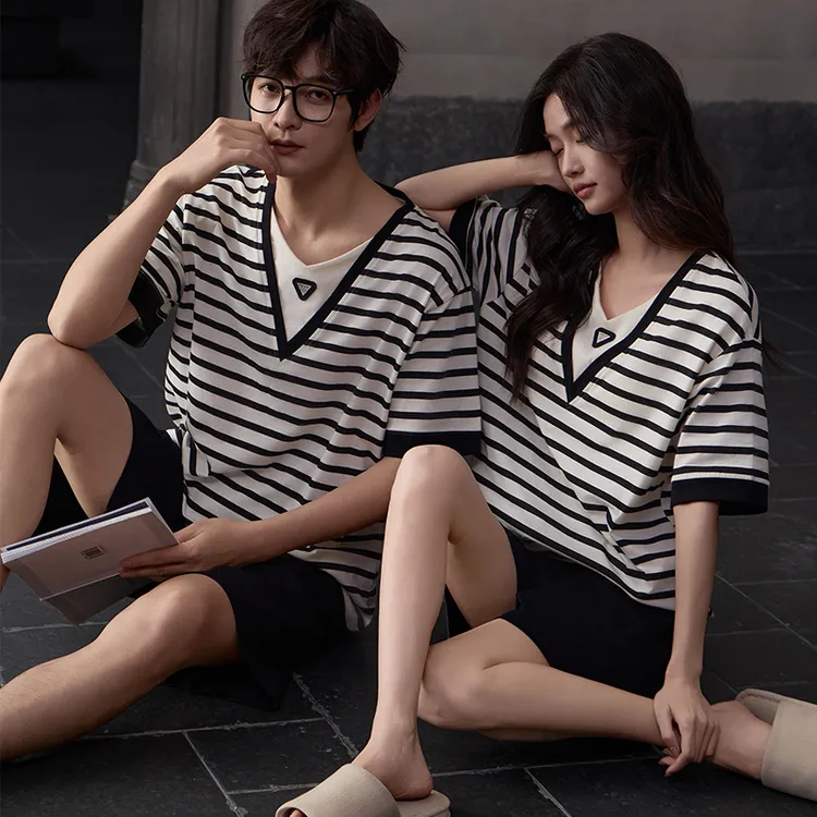 情侣睡衣莫代尔短袖短裤夏季新款条纹休闲大码男女款带胸垫家居服