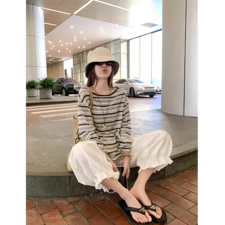 韩系慵懒松弛感上衣宽松长袖防晒罩衫女秋季宽松外穿薄款条纹t恤