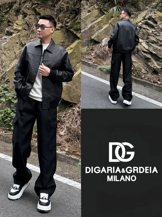 DG迪噶雅《国际行》25秋冬男士小羊皮印花翻领立体裁减休闲皮夹克