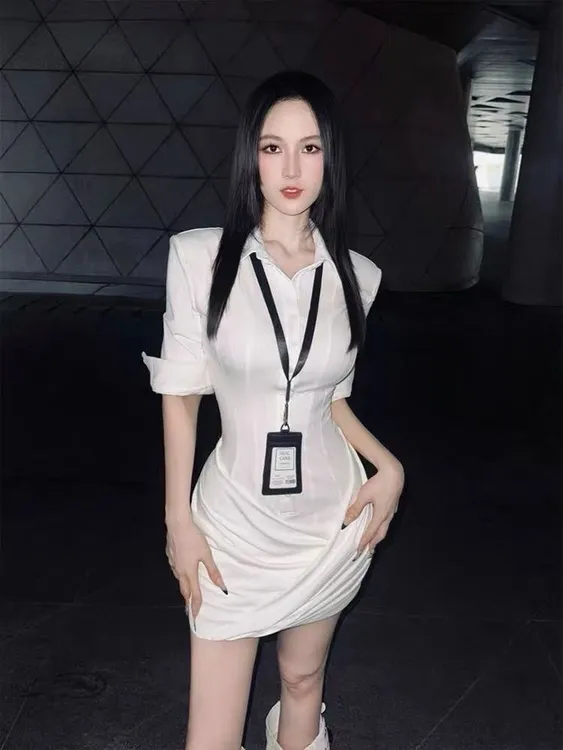 2025新款欧美辣妹性感修身拼接衬衫连衣裙气质收腰显瘦翻领短裙女