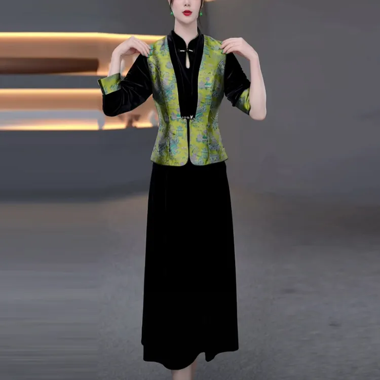 丝绒新中式国风套装裙2025秋季新款高级感显瘦复古两件套连衣裙子