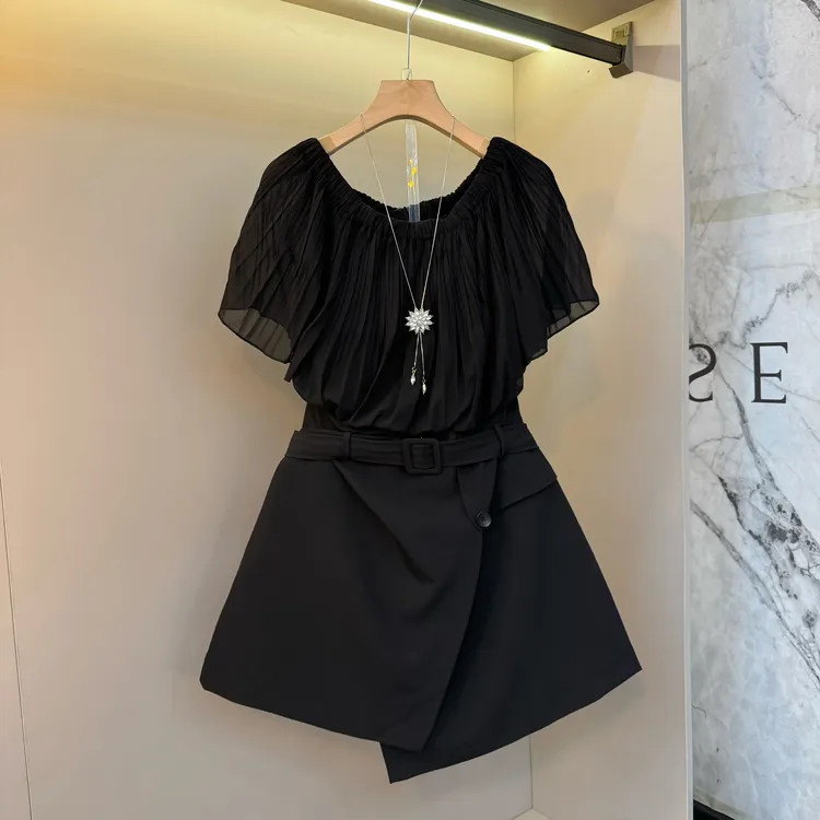 2025欧货复褶皱雪纺松紧一字肩蝙蝠袖拼接腰带斜襟时尚连衣裙8903