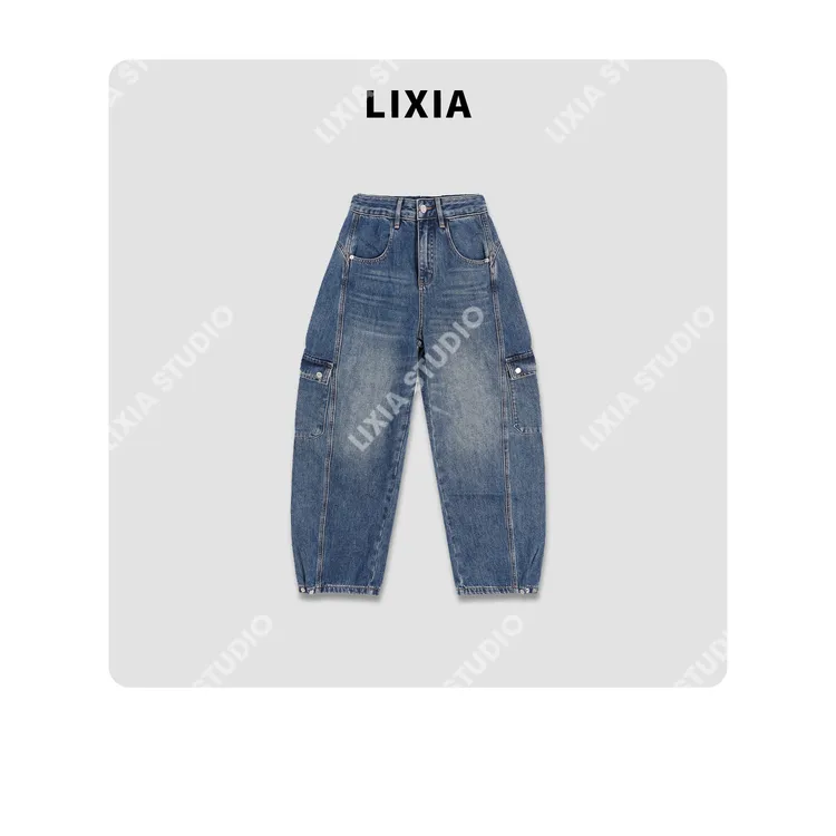 LIXIA【循迹】复古街头风水洗工装加绒弯刀长裤牛仔裤-D10211