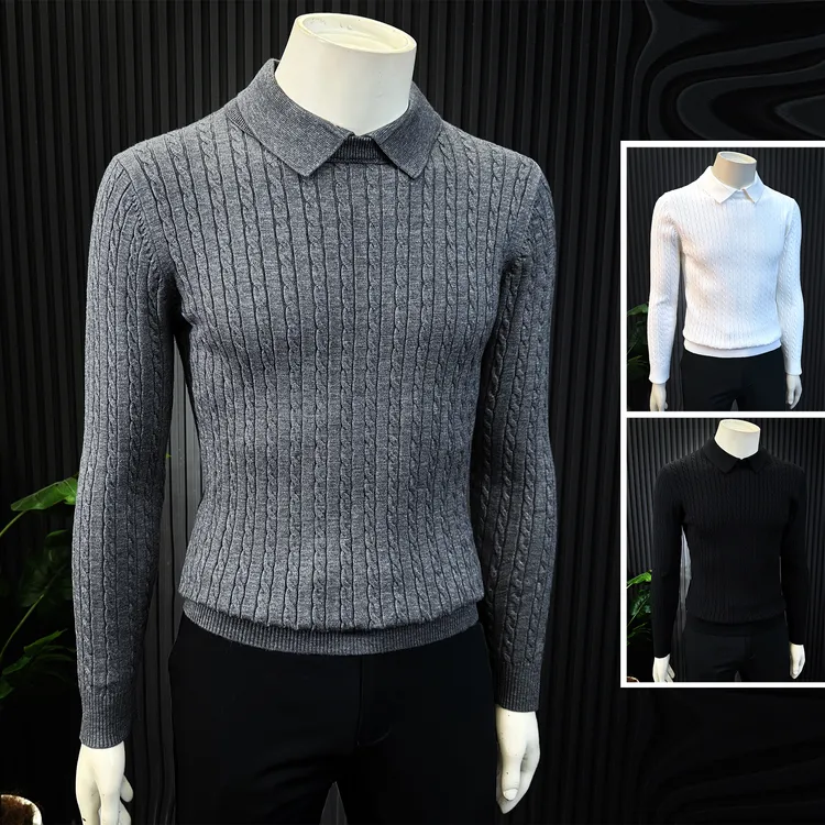 假两件提花打底衫男款爆款2025新款冬季保暖麻花纹长袖针织毛衣男