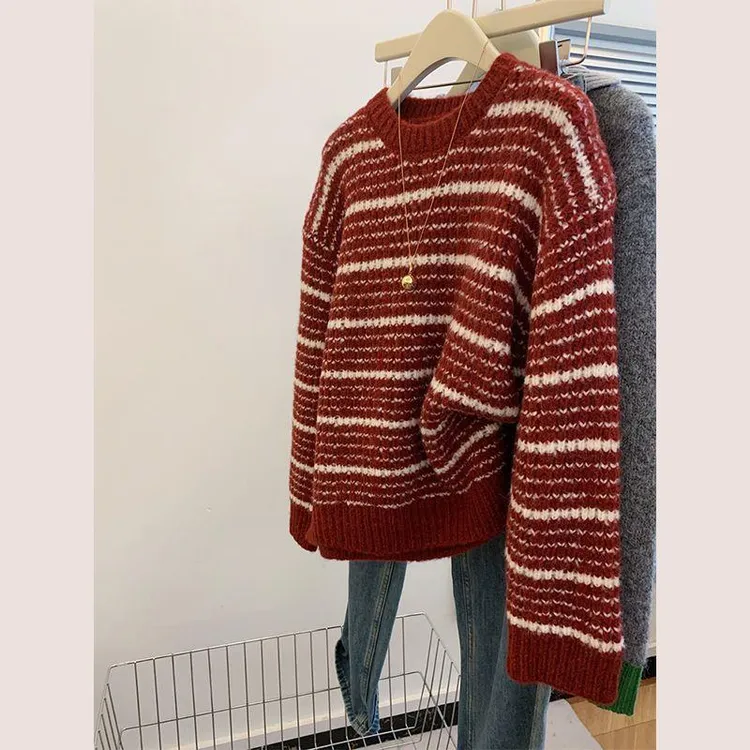 红色条纹复古宽松慵懒风圆领针织毛衣女装秋冬百搭上衣青年薄款