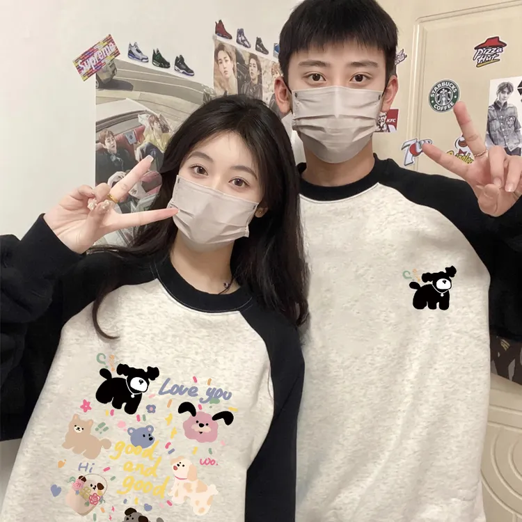 美式秋冬长袖ins网红小众情侣装加绒加厚宽松圆领卫衣女加大轻奢