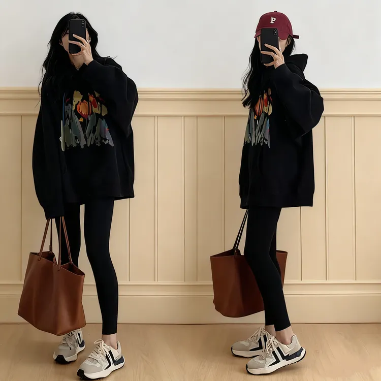 早秋学院风黑色连帽卫衣女秋冬韩版时尚印花百搭加绒加厚显瘦外套