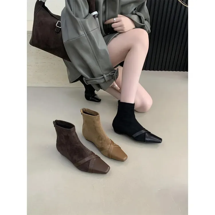 2025秋冬新款方头绒面平底短靴瘦瘦靴拼接平跟短筒踝靴弹力靴