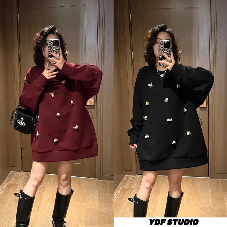 YDFSTUDIO小众【飒气女主】欧货重工钉珠装饰抽绳设计轻奢女连衣裙