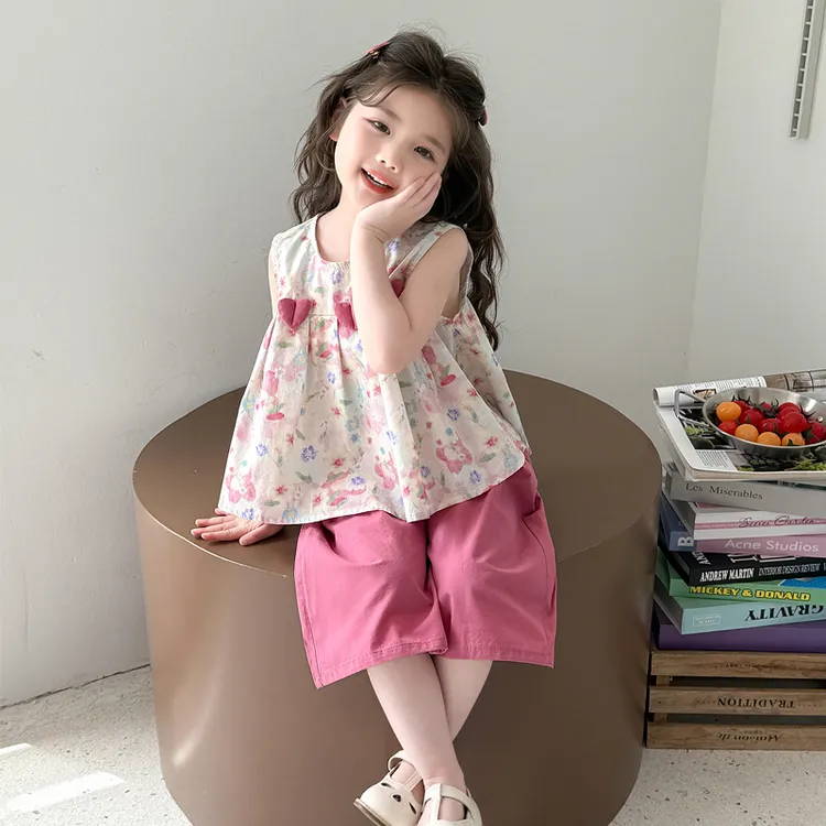 女童夏季套装2025新款女宝宝洋气三颗爱心纯棉上衣七分裤两件套潮