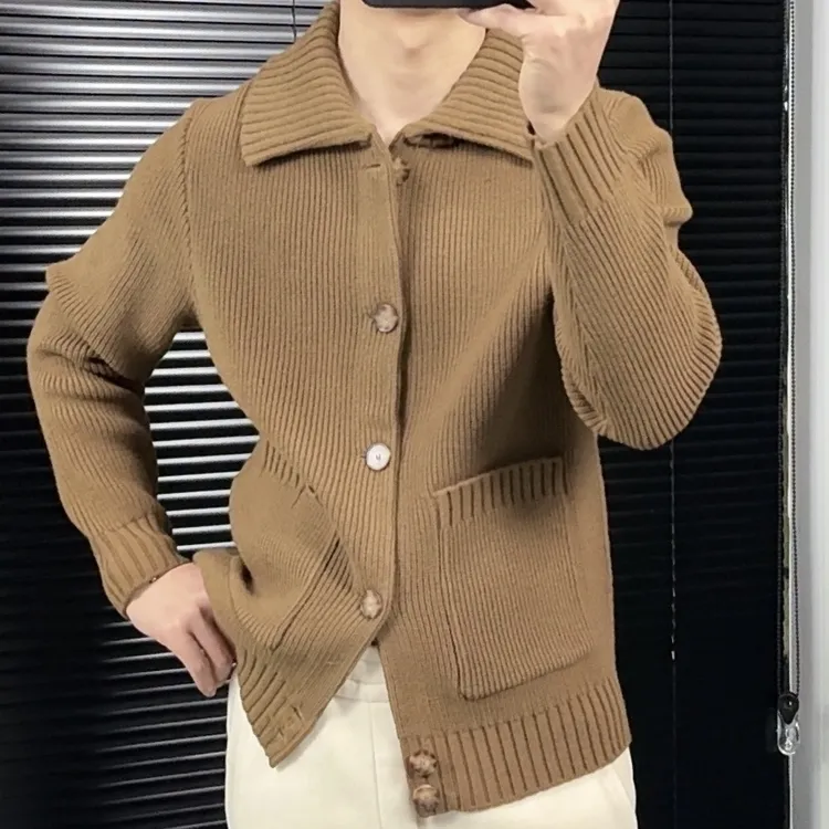 秋冬新款时尚休闲百搭设计师老钱风翻领纽扣男士羊毛外套
