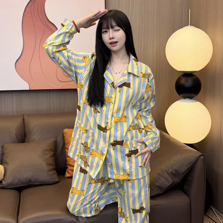 2025云朵棉黄条纹帽子狗睡衣女春秋季长袖长裤高级感家居服套装