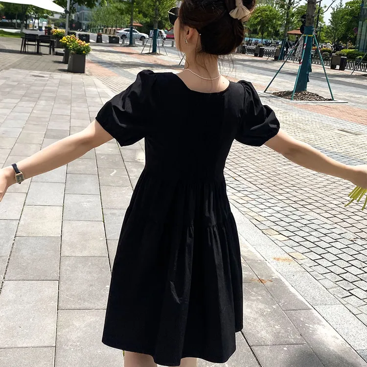 小个子黑色连衣裙2025夏季新款收腰显瘦小黑裙遮肚子短款a字裙子