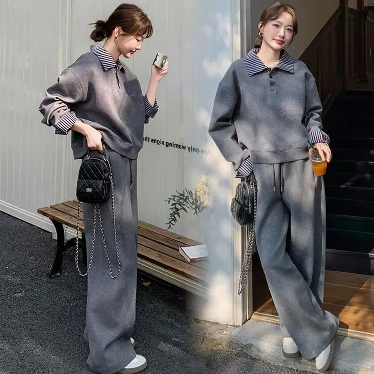 2025孕妇装春秋新款设计感洋气翻领拼接卫衣阔腿裤孕妇两件套