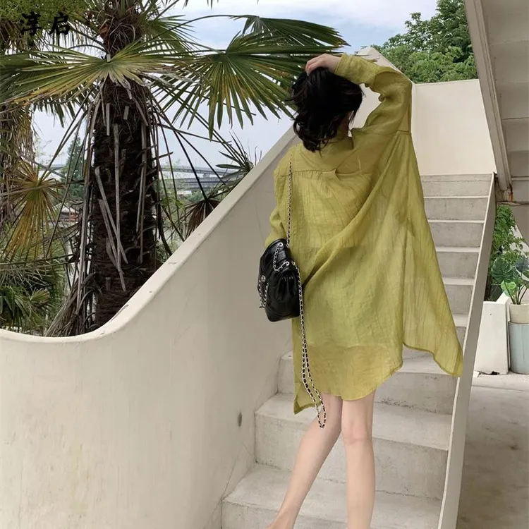 淳启时尚中长款防晒衬衫女欧货薄纱开衫高级设计感衬衣多巴胺上衣