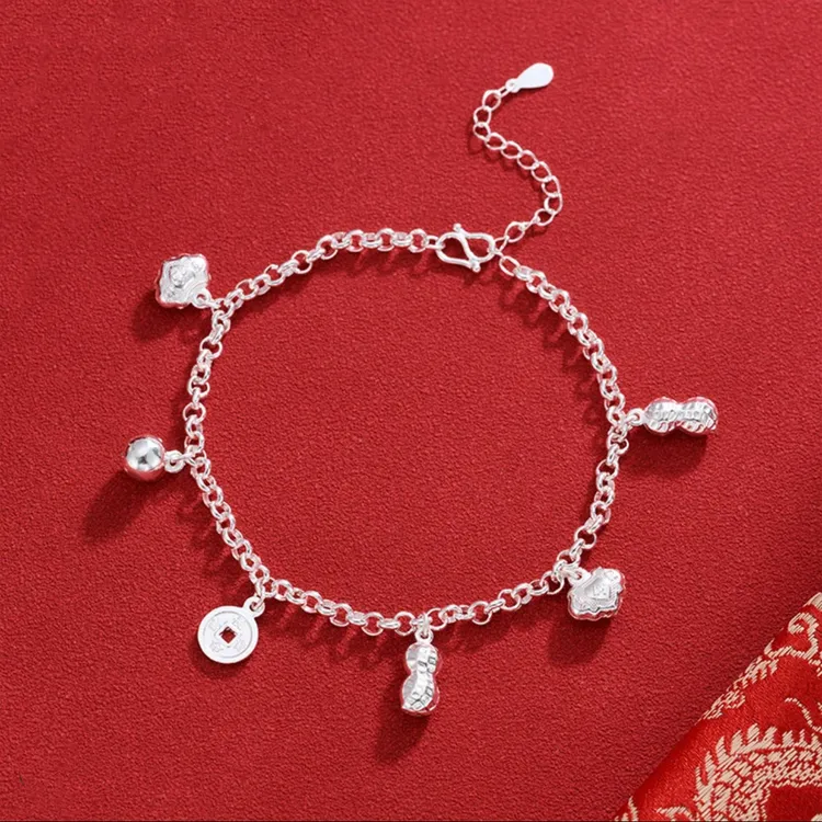 足银手链 990纯银五宝银手链花生铃铛长命锁铜钱简约百搭小众饰品