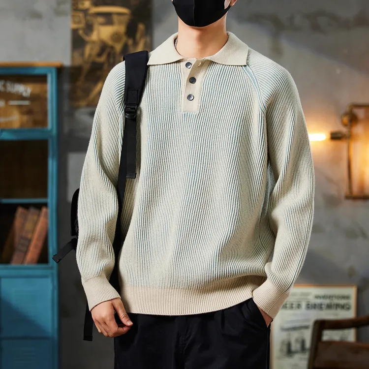 冬季加厚保暖翻领毛衣时尚男士针织衫休闲通勤风修身polo衫男长袖