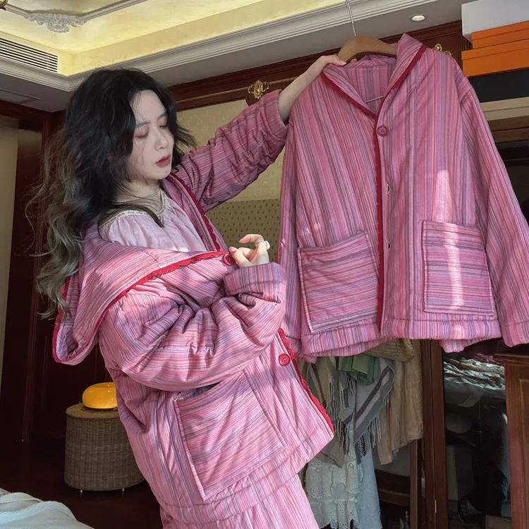 睡衣女士秋冬季纯棉加厚保暖三层夹棉袄条纹2025年新款家居服套装