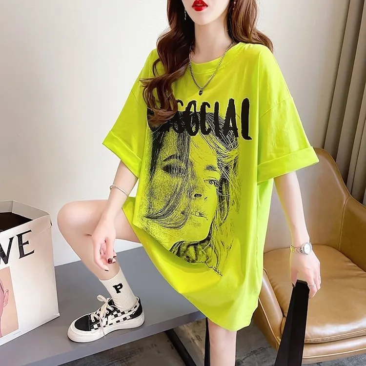 中长款大码女装印花短袖夏季2024T恤宽松胖mm上衣200斤潮