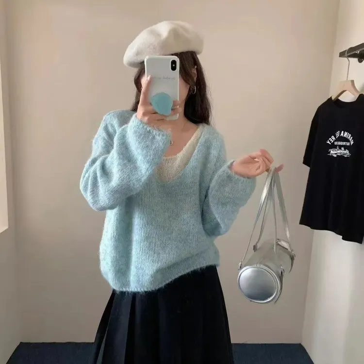 软糯套头毛衣秋冬季外搭女韩版短款V领宽松假两件针织衫上衣显瘦