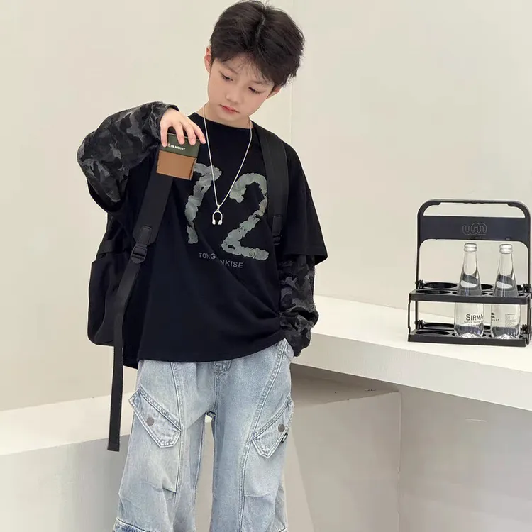 【迷彩拼接】百搭纯棉长袖男童T恤春秋韩版圆领休闲风秋季宽松潮流