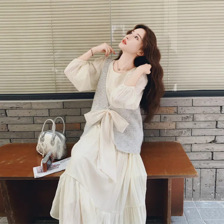 甜美法式温柔风蝴蝶结马甲连衣裙2025秋季新款氛围感超仙纯欲套装