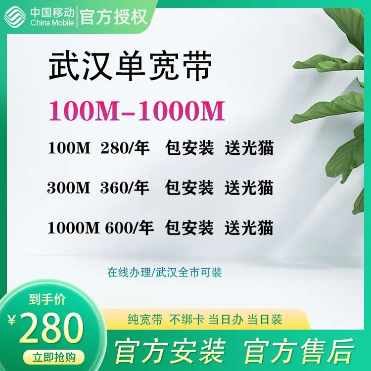 武汉300兆免安装费移动便宜套餐单宽带办理上门安装光纤不绑卡