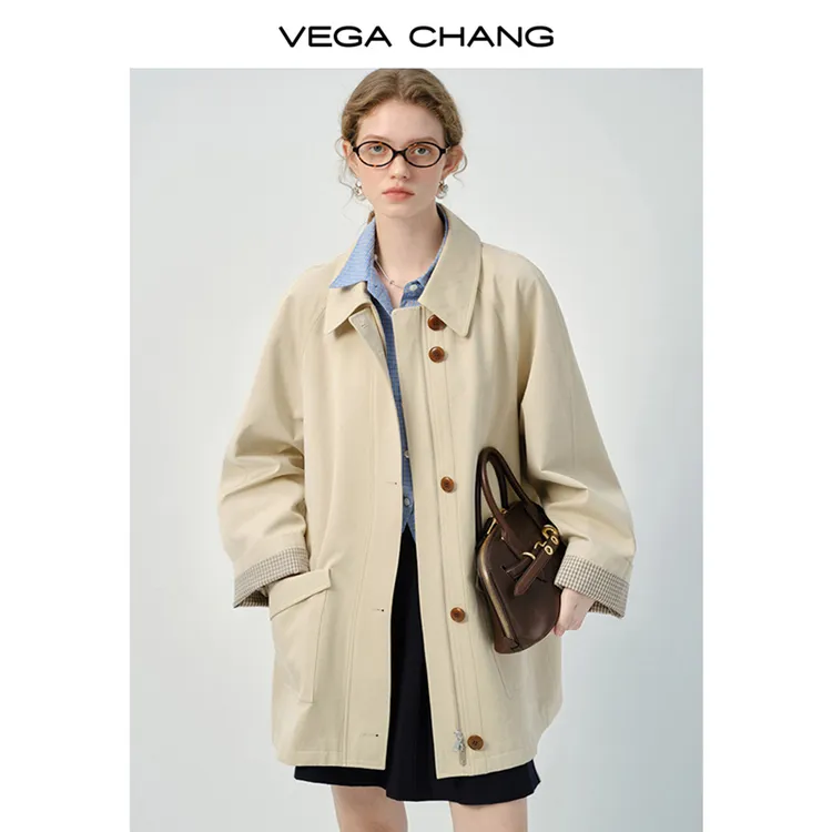 VEGA CHANG【欧若风】莱赛尔风衣女2025秋季新款撞色中长款0176JJ