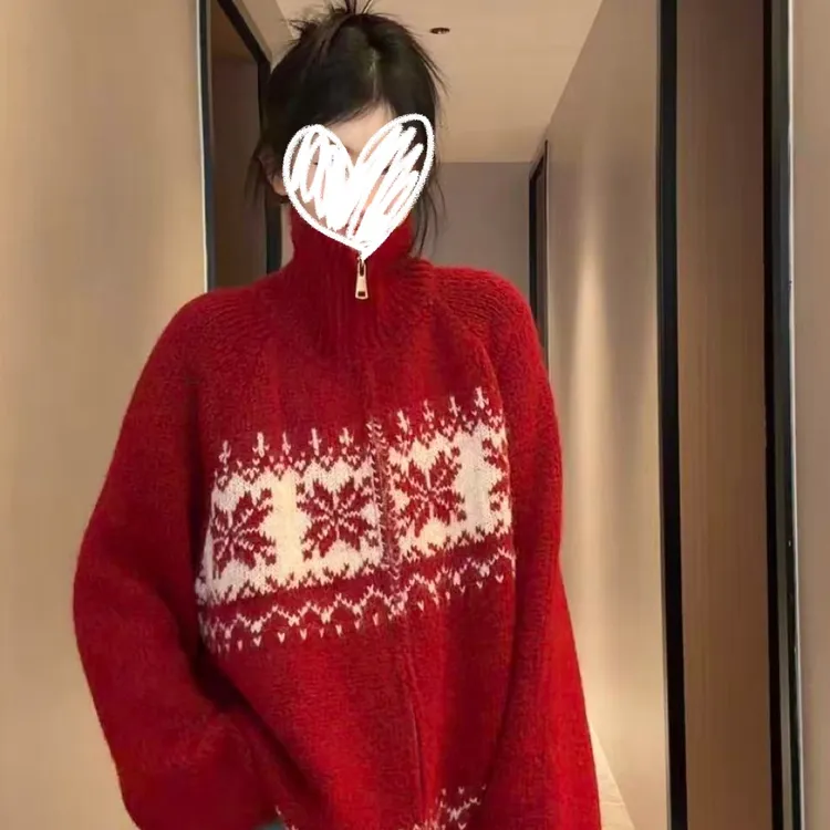 秋冬加厚毛衣开衫外套女费尔岛红色拉链毛衣宽松提花大版外套