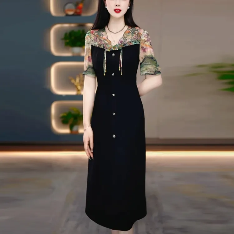洛丽丝轻奢减龄女装2025夏季新款时尚黑色显瘦中长款短袖连衣裙子