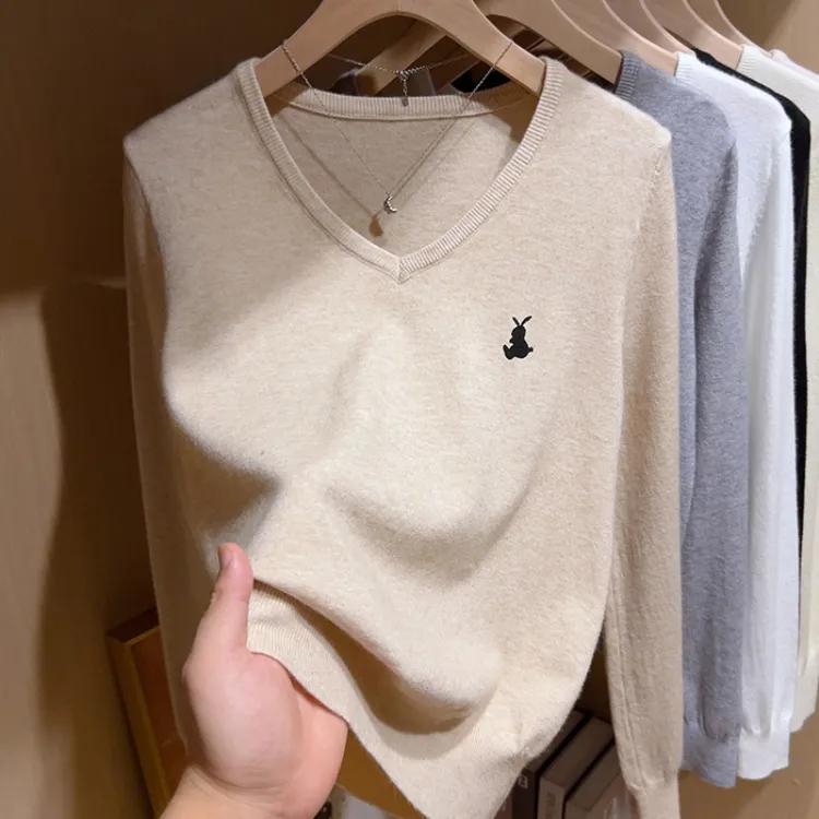 长袖V领刺绣女短款通勤毛针织衫毛衣宽松修身秋季长袖针织