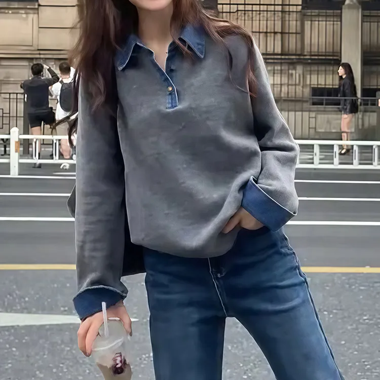 韩系chic冷淡系撞色牛仔拼接Polo领长袖毛衣女2025秋冬新款上衣女