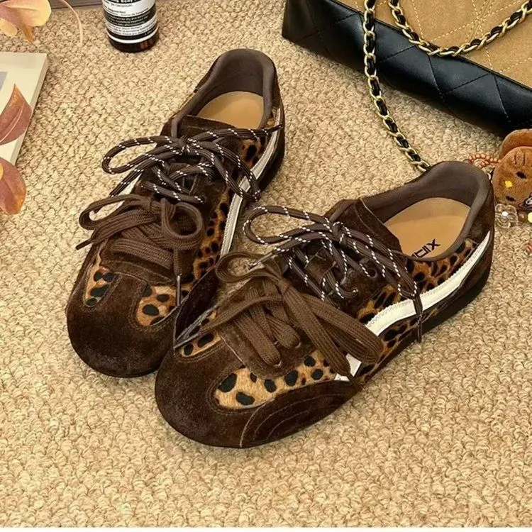 自留版~ 内增高4cm豹纹百搭复古德训鞋女2025秋冬新款运动赛车鞋