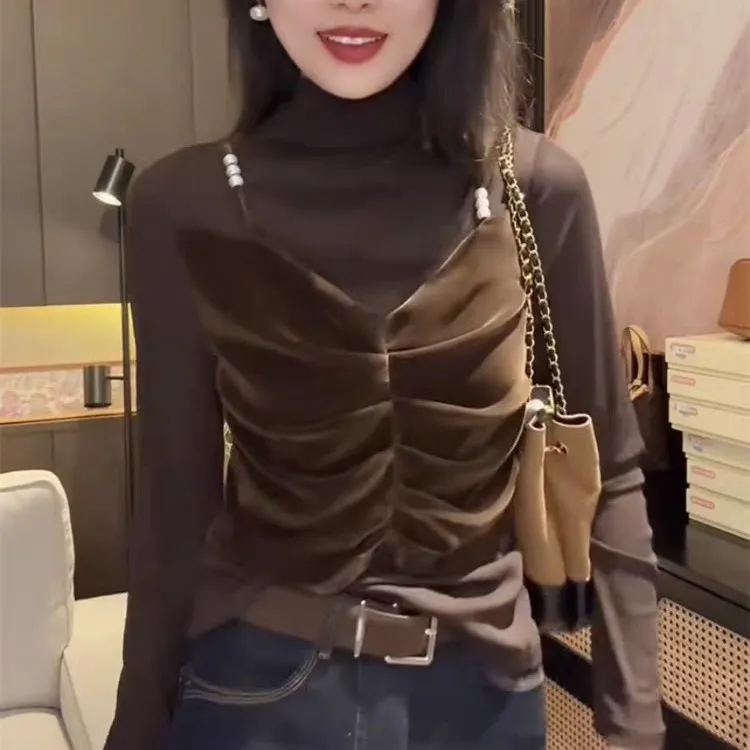 韩系丝绒吊带拼接褶皱假两件长袖T恤女秋装新款修身显瘦打底上衣