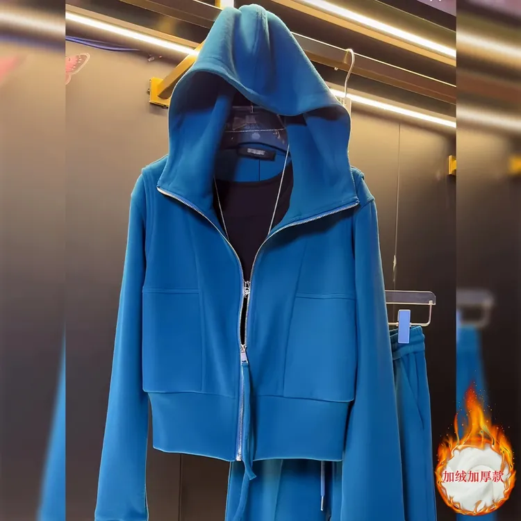 韩系时尚休闲运动套装女秋冬新款小众设计感连帽卫衣阔腿裤两件套