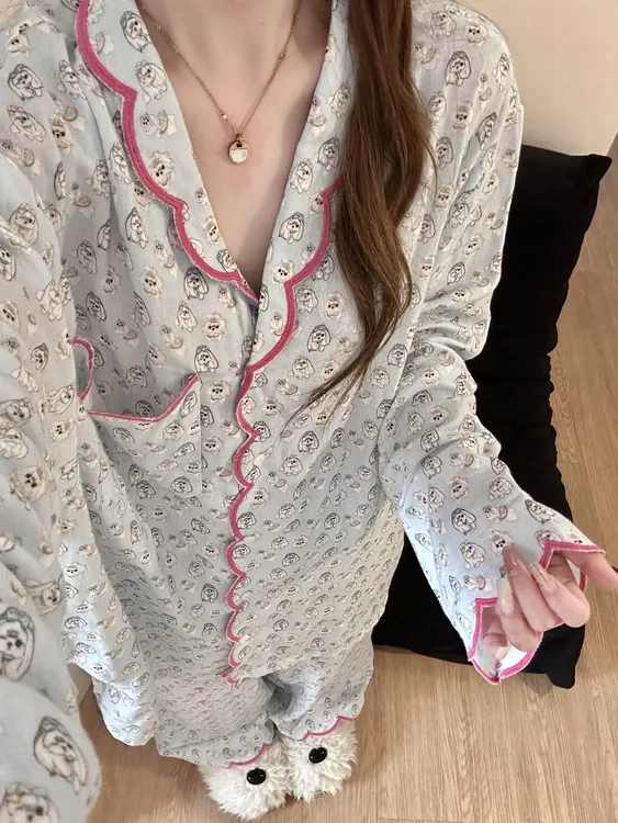 【DMXJ大梦想家】田园风卡通小狗印花睡衣女春款宽松舒适家居服套装