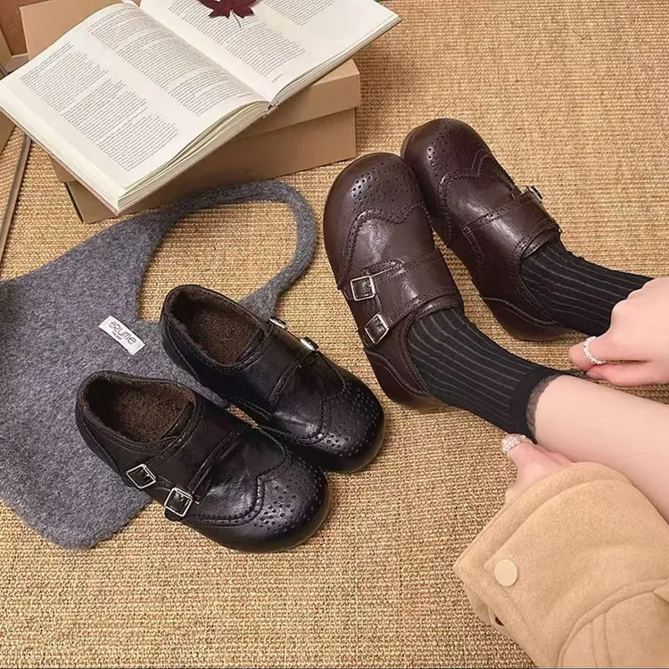 布洛克复古勃肯保暖加绒小皮鞋女2025冬新款一脚蹬乐福棉鞋2028