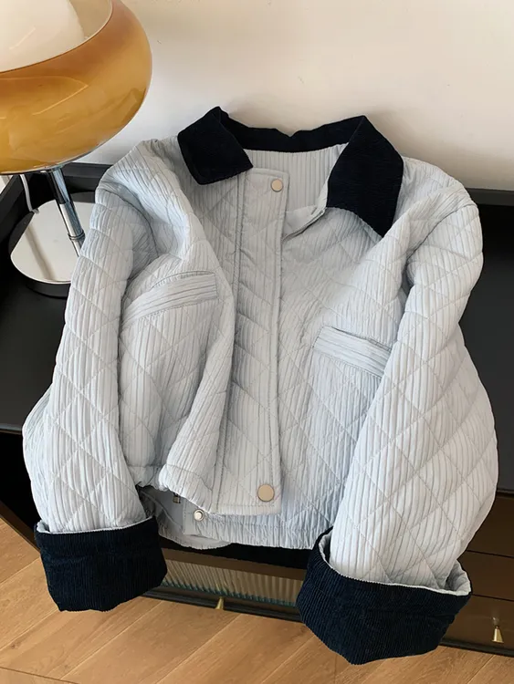 韩系设计感菱格纹棉服女2025冬季新款撞色翻领宽松百搭保暖外套