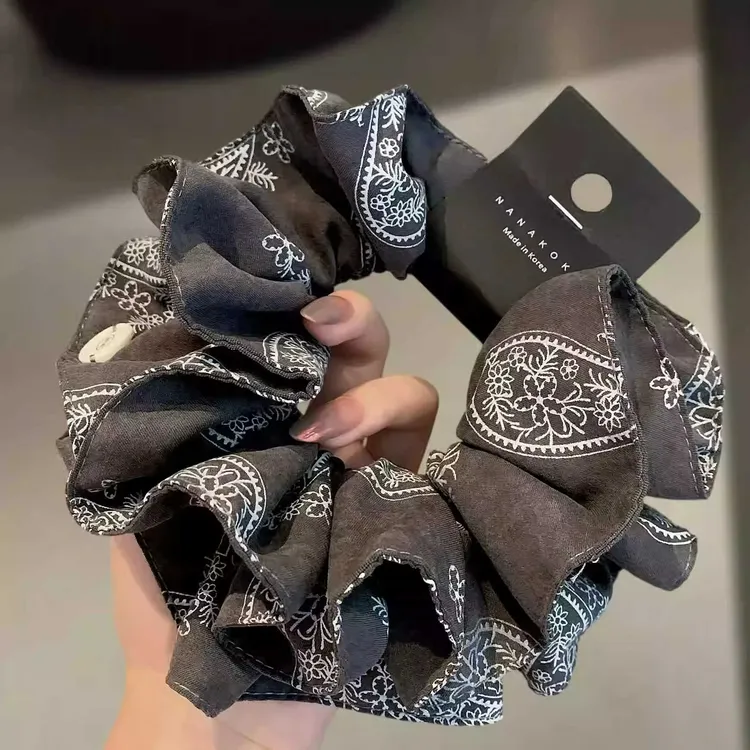 小众复古印花双层布艺大肠发圈女气质扎头发丸子头皮筋低马尾头绳