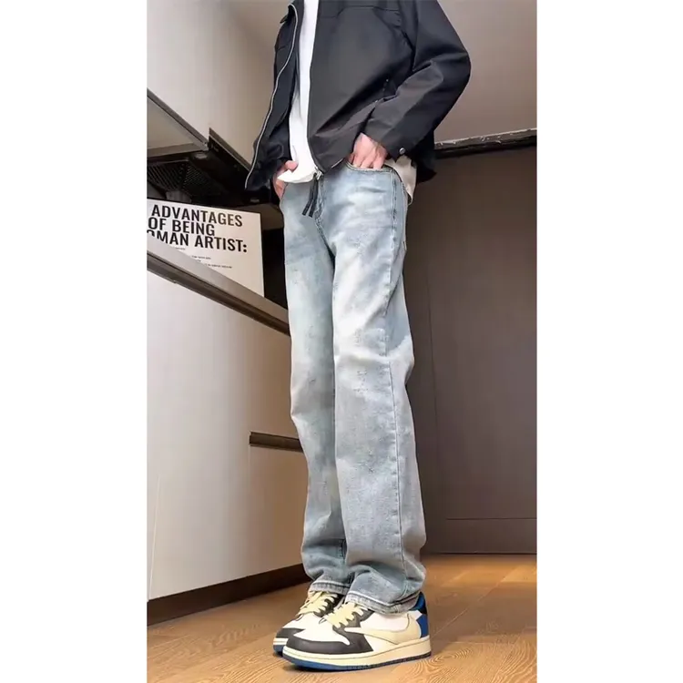 高端潮牌复古水洗蓝牛仔裤男秋冬直筒百搭宽松猫须纹阔腿休闲裤子