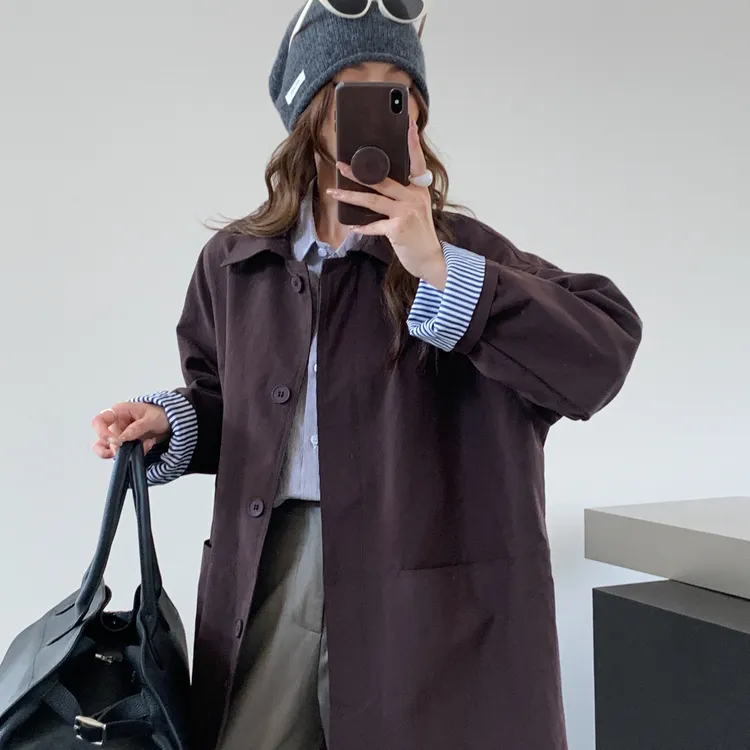 韩版秋季新款小个子女士宽松时尚气质工装中长款风衣外套 9180