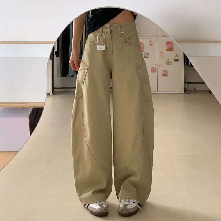 卡其色牛仔裤女大口袋美式复古弯刀阔腿裤潮高腰流光风工装拖地裤