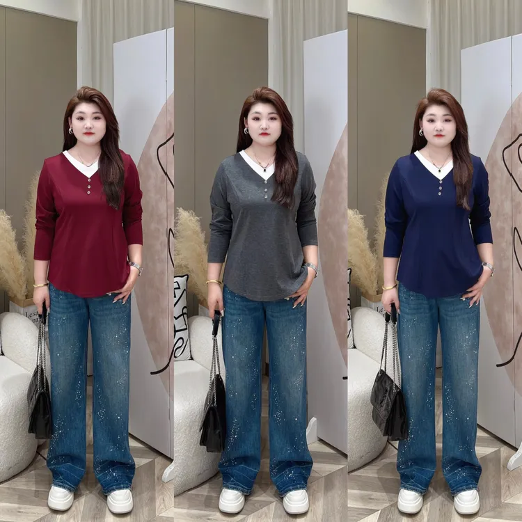 【上新上衣】PMM82161早秋新款V领撞色时尚洋气百搭长袖大码女装