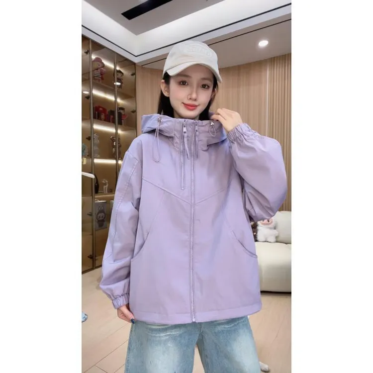 双拉链女款连帽春秋纯色短款休闲拼接防风韩版短外套G2502