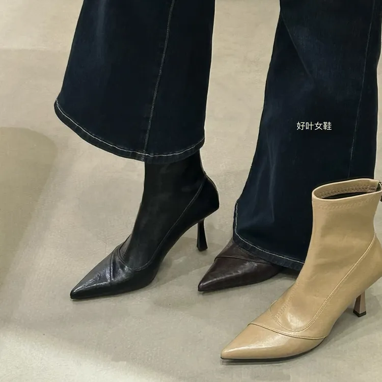 韩版软皮显瘦细跟尖头女靴短筒高跟鞋时装靴后拉链法式瘦瘦女短靴