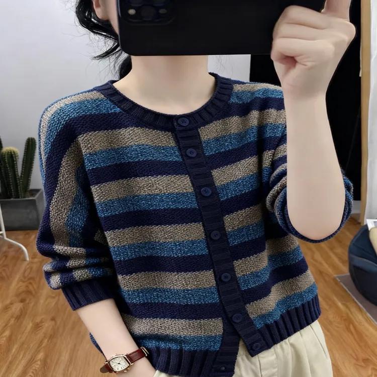 【正版】开衫针织外套女2025秋季新款文艺复古条纹拼色宽松外穿