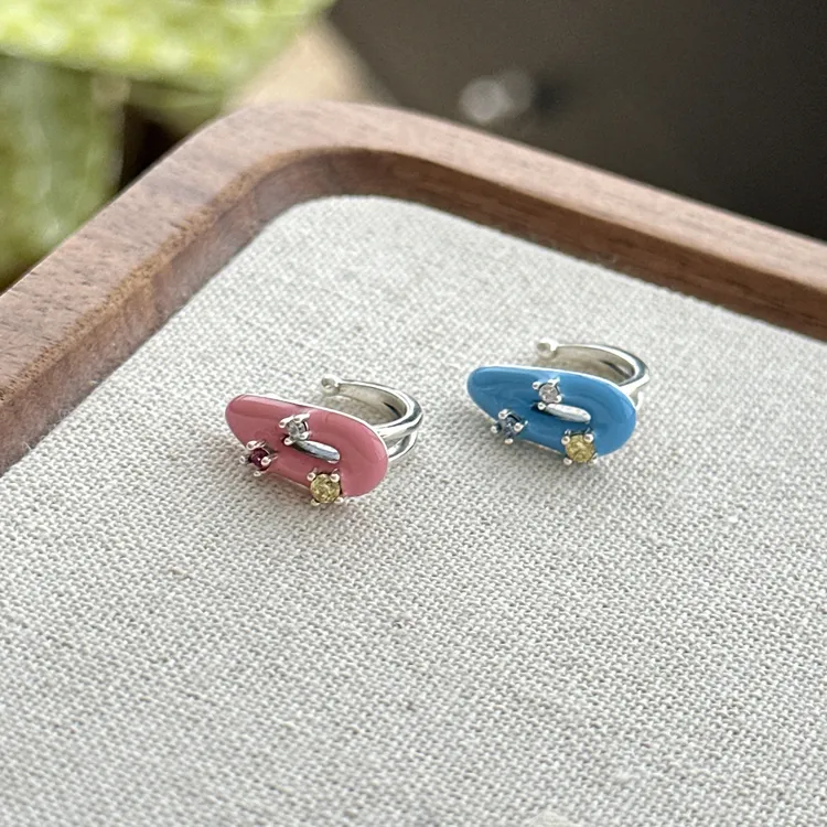 925银合成锆石耳饰 原创设计简约百搭气质女蓝粉别针耳骨夹 3815