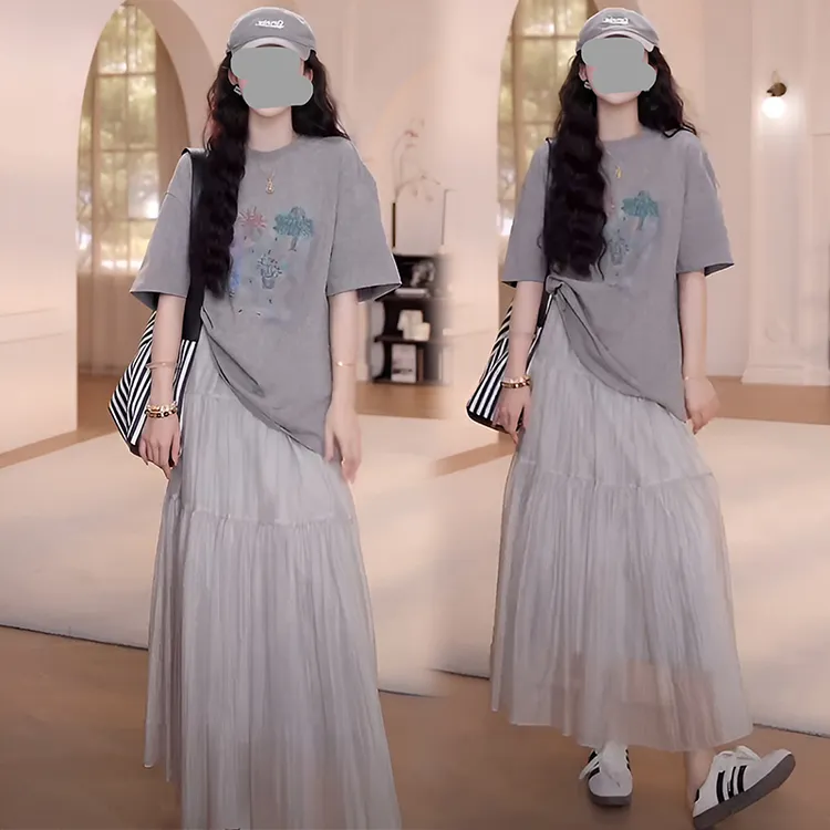 网红洋气炸街2025夏季宽松卡通短袖T恤上衣百搭半身裙套装女