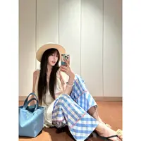 2025SS【海盐汽水】松紧腰百搭设计感拼色阔腿直筒格子裤